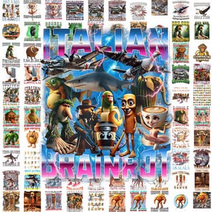 May include: A colourful graphic design with the words "ITALIAN BRAINROT" in pink and white, surrounded by cartoon characters, animals, and illustrations. The design includes a shark, airplanes, and other whimsical elements, set against a blue and white lightning background.