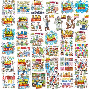 May include: A collection of colorful graphic designs featuring characters and themes from the movie Toy Story. The designs include text such as "Lab Story," "Lab Week," and "To Infinity and Beyond." The images are suitable for apparel and accessories.