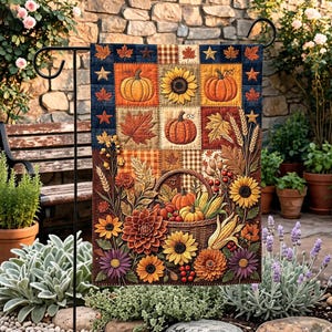 Bandera de jardín de cosecha de otoño, bandera de jardín de girasol y calabaza, decoración exterior de Acción de Gracias con patchwork sintético