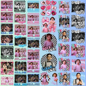 Puede incluir: Un collage de imágenes con niños y texto, incluyendo "BOYS...UGH!" y "GIRLS...UGH!" en varios diseños. Algunas imágenes son en blanco y negro, otras en color, con corazones y patrones de cuadros.