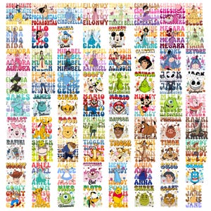 May include: A collection of colorful graphic designs featuring various cartoon characters and names. The designs include characters from Disney movies, such as Mickey Mouse, Elsa, and Aladdin, as well as other popular characters. The images are arranged in a grid-like pattern.