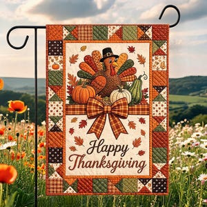 Happy Thanksgiving Turkey Garden Flag, Faux Patchwork Scarecrow, Fall Pumpkin Decor