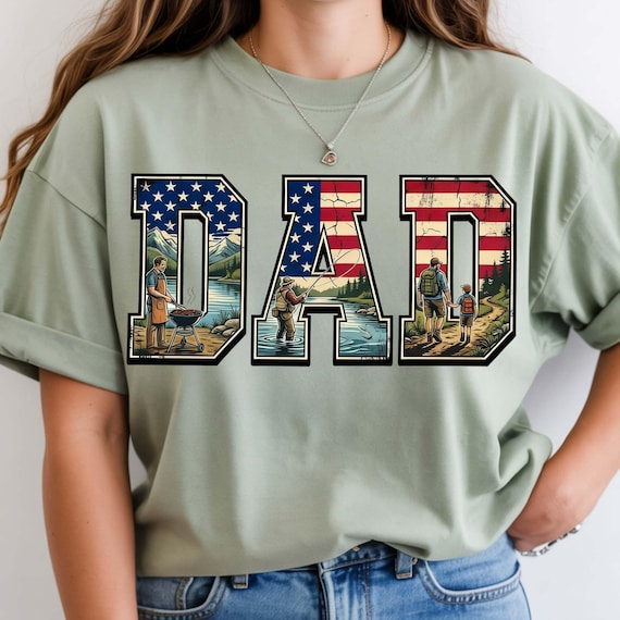 Patriotic Dad PNG, Father’s Day Shirt Design, Fishing BBQ Hiking American Dad
