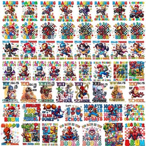 May include: A selection of vibrant graphic designs with superheroes, cartoon characters, and the text "100 Days of School." These designs are suitable for clothing and accessories, with a celebratory theme.