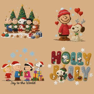 May include: A festive illustration featuring characters from the Peanuts comic strip. The image includes scenes of the characters celebrating Christmas, with Christmas trees, gifts, and the phrase "Joy to the World".