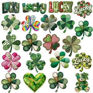 May include: A collection of St. Patrick's Day themed images, including shamrocks in various patchwork patterns, the word "Lucky" in different styles, and a teddy bear. The color palette is primarily green, with accents of red, white, and rainbow hues.