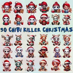 May include: A collection of 30 chibi-style killer characters dressed in Christmas attire. Each character is wearing a Santa hat and holding festive items. The text "30 CHIBI KILLER CHRISTMAS" is displayed in blue.
