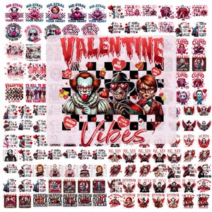 May include: A collection of Valentine's Day themed graphics featuring horror movie characters and phrases like "Be Mine" and "Scream Queen." The designs are in red, black, and white, with hearts and checkerboard patterns.