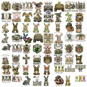 May include: A collection of Easter-themed graphics featuring rabbits, eggs, and military camouflage patterns. The designs include text such as "Happy Easter," "Egg Hunter," and "The Hunt is On." The color palette includes greens, browns, and pastels.