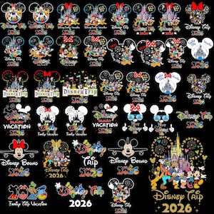 May include: A collection of colorful Disney-themed designs on a black background. The designs include Mickey and Minnie Mouse, castles, and the text "Disney Trip 2026" and "Family Vacation 2026". The images are suitable for apparel and accessories.