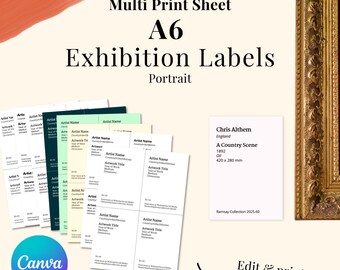 Printable Multi Page of A6 Portrait Art Exhibition Labels Display Cards Customizable Digital Template