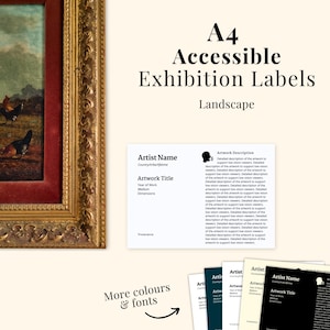 May include: A4 accessible exhibition labels with the word "Landscape" below the title. The labels include fields for artist name, artwork title, year, medium, dimensions, and provenance. The image also shows a painting in a gold frame.