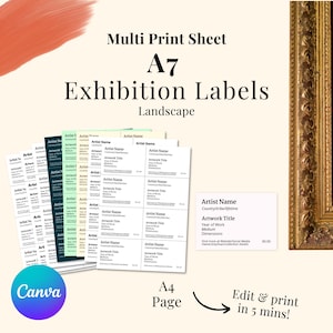 Do druku wielostronicowe etykiety na wystawę sztuki krajobrazowej w formacie A7 | Strona A4 | Personalizowane karty wystawowe dla artystów (szablon cyfrowy)
