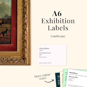 Plantilla digital imprimible de etiqueta de exposición de arte paisajístico A6, tarjeta de exhibición de galería personalizable para artistas.