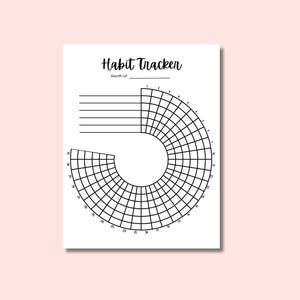May include: A white habit tracker with the words "Habit Tracker" in a handwritten font. The tracker features a grid for daily tracking and a section for listing habits. The background is a soft pink.