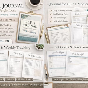 May include: A digital journal for weight loss, titled "GLP-1 JOURNAL" with the subtitle "For Weight Loss." The journal includes sections for tracking, goal setting, and side effects. The image also shows various pages with trackers and worksheets. The journal is available as a PDF download.