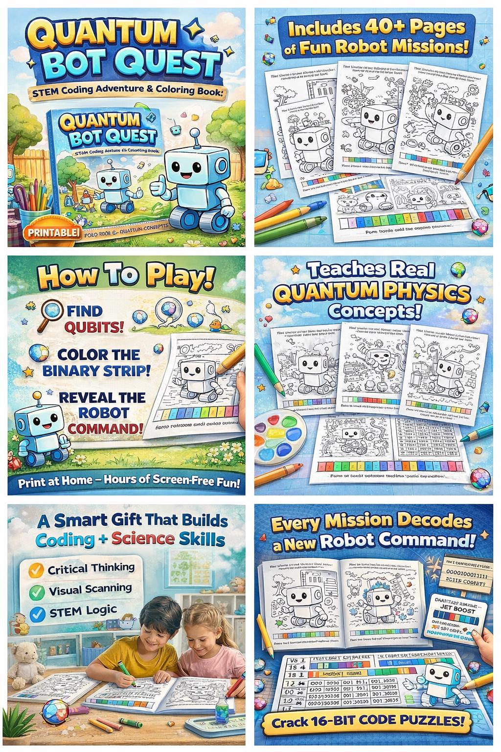 Quantum Bot Quest STEM COLORING BOOK for Kids: Printable Robot, Coding ...