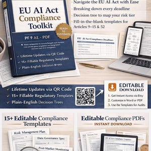 Op de afbeelding: Een marineblauwe map met de titel "EU AI Act Compliance Toolkit" met de tekst "Bewerkbaar 75-pagina's PDF". De afbeelding bevat een laptop, tablet en smartphone, samen met sjablonen en een QR-code voor updates.