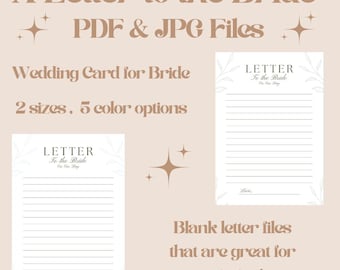 Letter To The Bride | Downloadable Files | Printable Blank Wedding Day Card & Letters | Bride Gift from Groom | Gift for Her | PDF and JPG