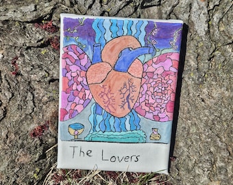 Ilustración de la carta del tarot del amante, sobre lienzo (técnica mixta, rotuladores a base de agua).