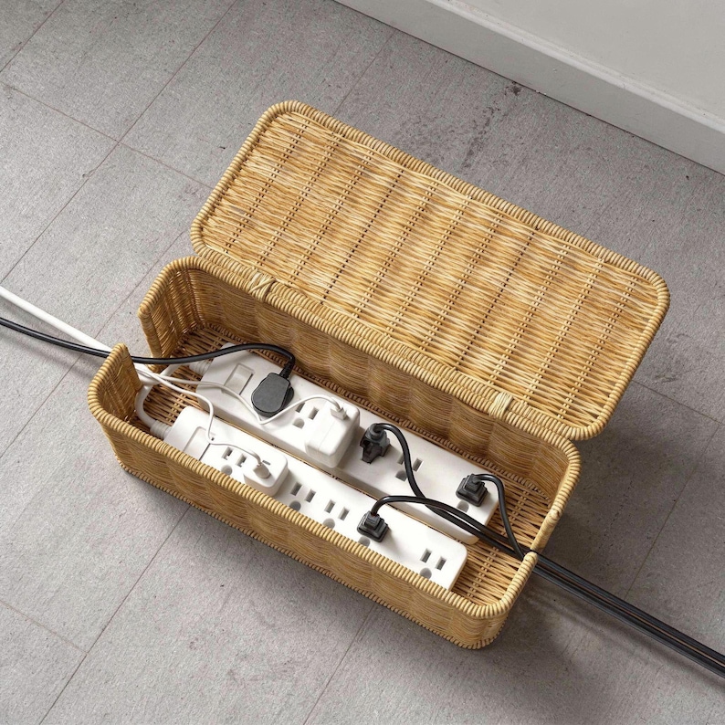 Rattan Cable Organizer Box Under Desk – Handmade Wicker Cord Management ...