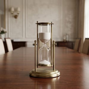 May include: An hourglass with a brass frame and base, filled with white sand. The clear glass bulb is supported by vertical bars and sits on a round base. The hourglass is on a dark wood table.