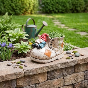 Peut inclure: Un pot de fleur en forme de botte en céramique vieillie, avec une figurine de gnome lisant un livre. La botte est remplie de verdure et a un patch orange. Le gnome porte un chapeau rouge et une veste bleue. Le pot est sur un mur de pierre.