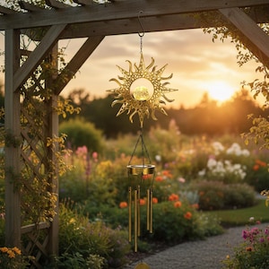 May include: A golden sun-shaped wind chime hangs from a wooden pergola. The sun has a decorative, openwork design with a central light. Below, a small bowl and several chimes dangle from chains. The background features a garden with flowers.