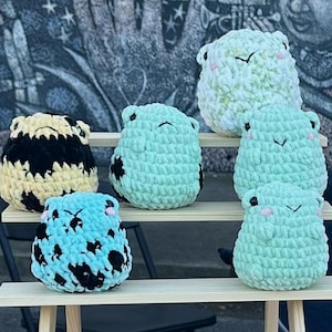 May include: A display of handmade crochet frog plushies in various colors, including light green, blue, and black. The plushies are arranged on a wooden shelf, showcasing their unique textures and designs. The background features a mural.