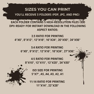 May include: A beige graphic with the text "SIZES YOU CAN PRINT" and various aspect ratios for printing, including 2:3, 3:4, 4:5, ISO, and 11:14. The image also lists file formats and DPI.