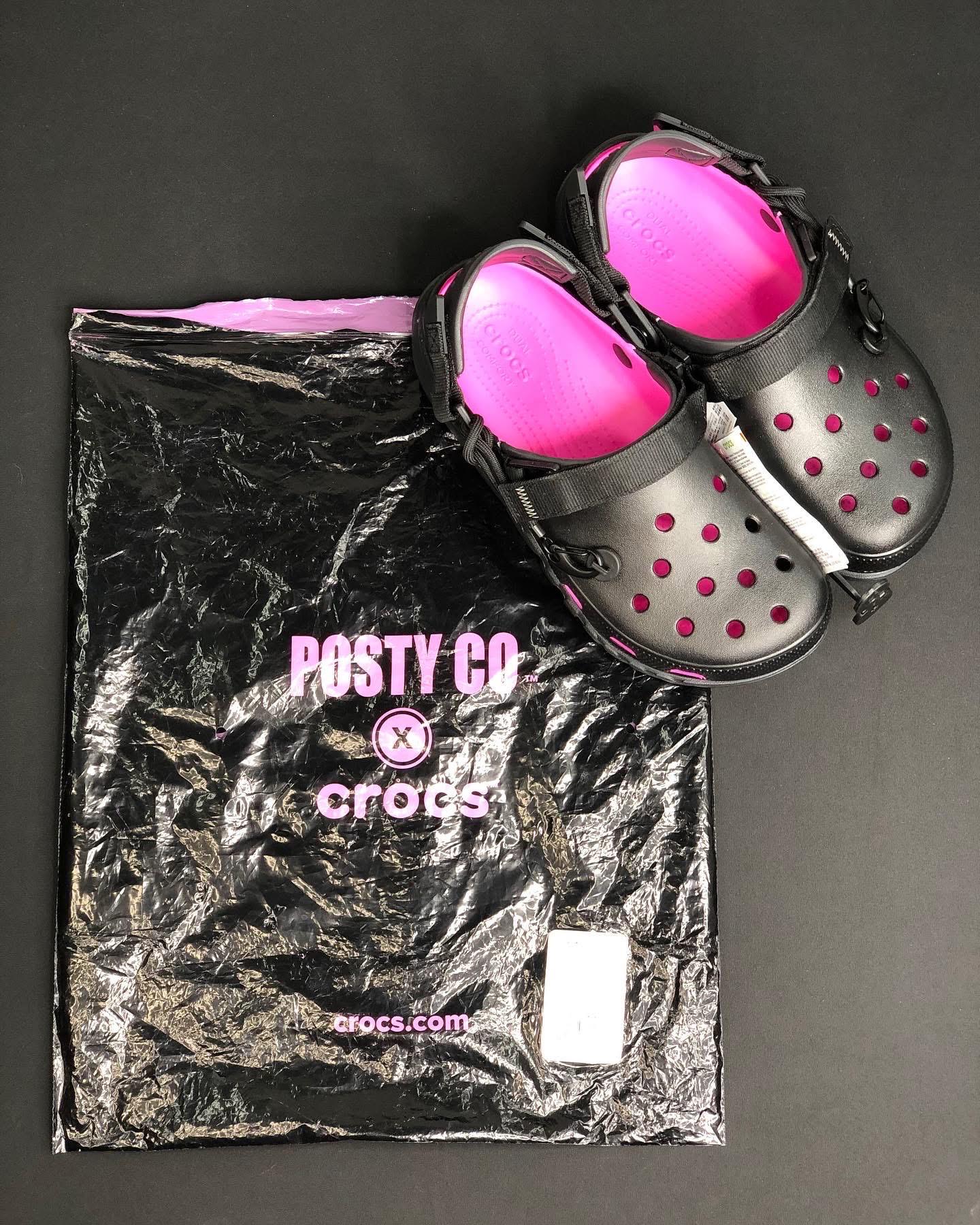 post malone pink and black crocs