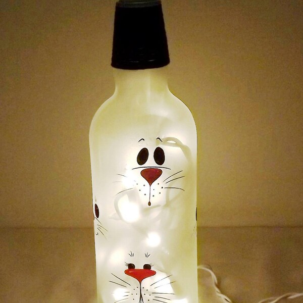 BUNNY FACES Recycled Wine Bottle Accent Lamp/Light-Great Gift