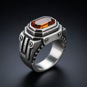 May include: A silver-toned ring with an orange gemstone. The ring has a geometric design with rivets and a rectangular gemstone. The ring has a bold, industrial style.