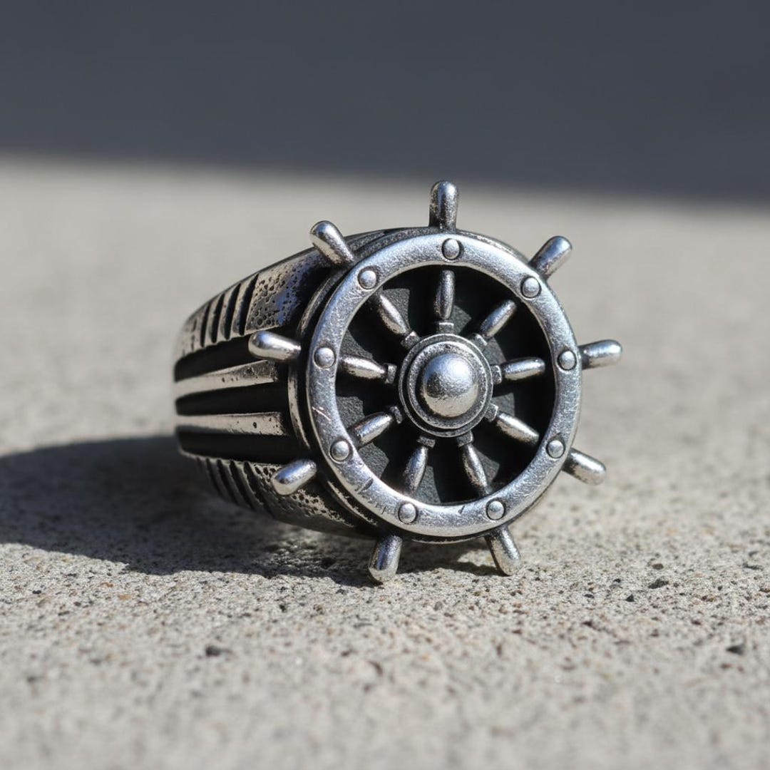 Sterling Silver Ship Wheel Ring, Nautical Helm Captain Statement ...