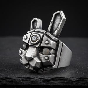 May include: A silver-colored ring with a geometric design of a dog's face. The ring features a small, round, clear gemstone and rivet details. The dog's ears are upright, and the ring has a wide band.
