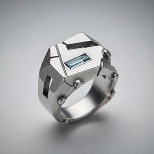 Brutalist Sterling Silver Ring – Geometrisk Industriarmband med Isblå Sten