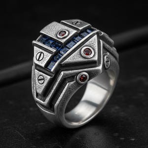 May include: A silver-toned ring with a geometric design. The ring features a row of blue stones and several red stones. The design includes small, circular details and a textured surface, creating a bold, industrial aesthetic.