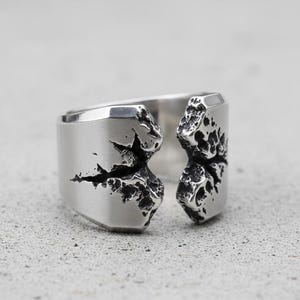 May include: A silver ring with a unique design. The ring is split in the middle, with textured, dark gray accents on the split edges. The band is smooth and rectangular, creating a modern, artistic look.