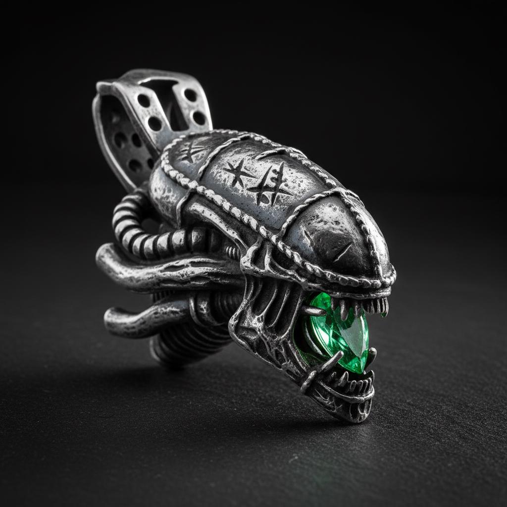 Sterling Silver Alien Pendant: Sci Fi Gothic Horror Necklace With Green ...