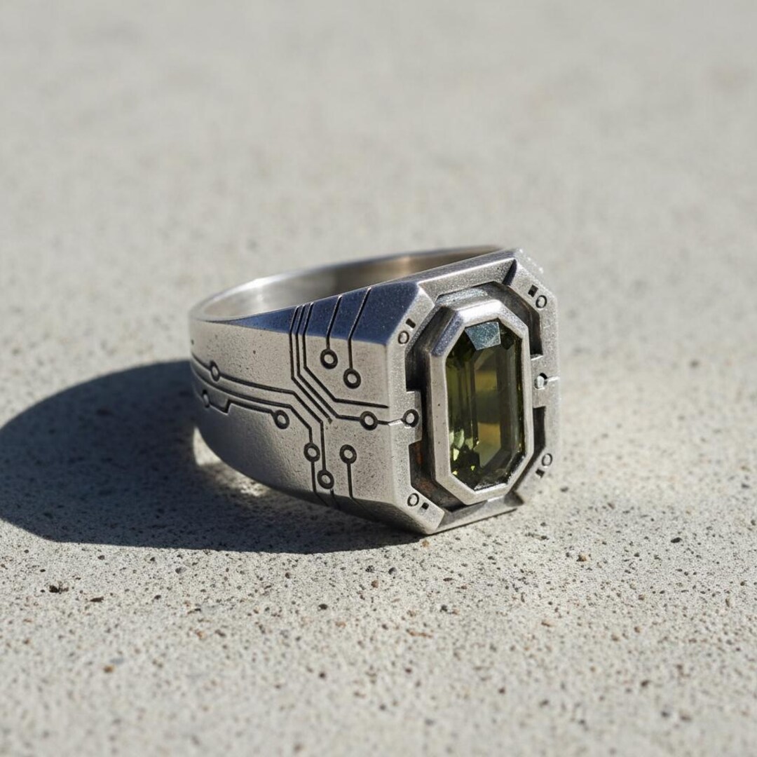 Cyberpunk Sterling Silver Signet Ring | Green Hexagon Stone, Circuit ...