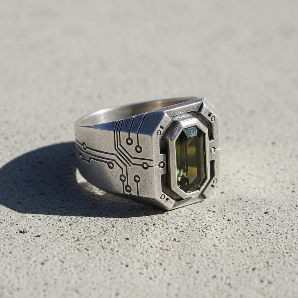 Cyberpunk Sterling Silver Signet Ring | Green Hexagon Stone, Circuit ...