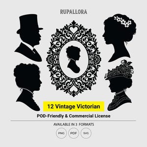 12 retratos victorianos de silueta vintage con marco ornamentado, archivos SVG, PNG y PDF.