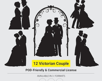 Pacote de Silhuetas de Casal Vitoriano em SVG, Clipart Vintage Romântico em PNG para Artesanato de Casamento
