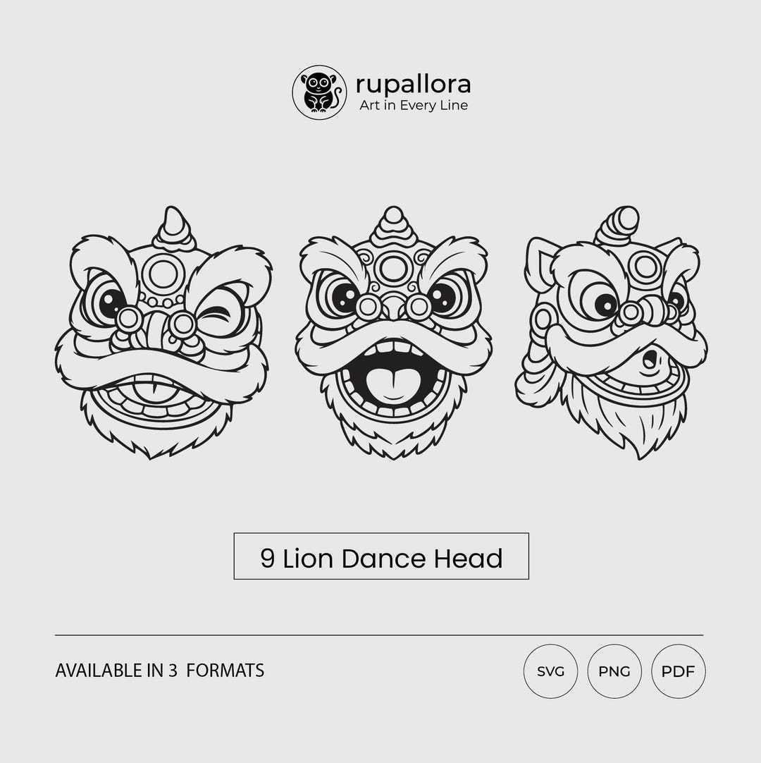 Chinese Lion Dance Head Line Art SVG PNG PDF Bundle - Etsy