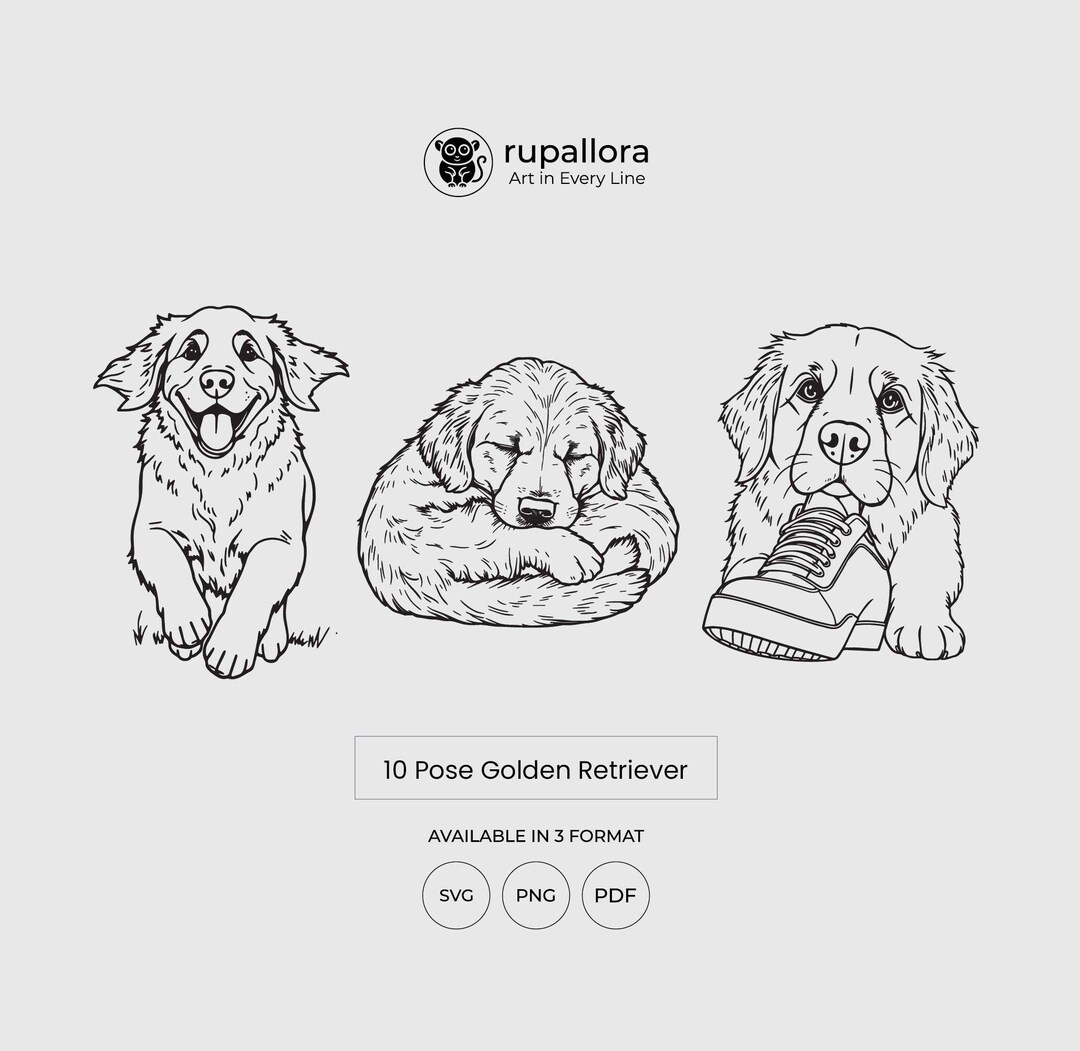 Golden Retriever Puppy Outline SVG PNG PDF. Dog Line Art Clipart Bundle ...