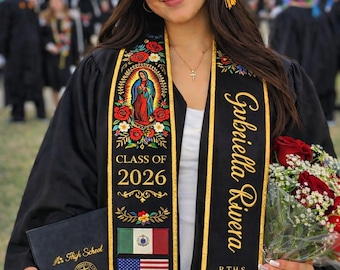 Estola de graduación mexicana personalizada 2026, banda con nombre y bandera personalizados, estola de graduación de la Virgen de Guadalupe