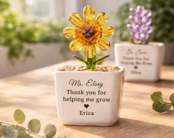 Planta de girasol en maceta de vidrieras, regalo personalizado de agradecimiento por ayudarme a crecer, regalo de agradecimiento para mamá.
