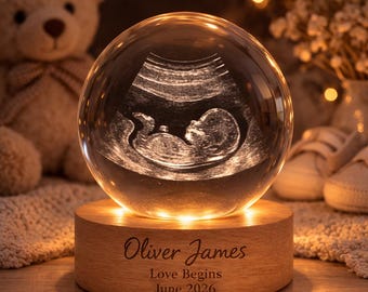 Veilleuse boule de cristal à ultrasons personnalisée, lampe pour échographie personnalisée avec base en bois gravée, cadeau souvenir pour bébé, cadeau de grossesse
