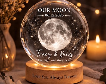 Personalized Moon Phase Crystal Ball Night Light, Our Special Day Moon Lamp, Custom Night Sky By Date Gift, Anniversary Gift For Couple