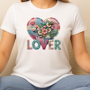 Floral Patchwork Heart Lover T-Shirt | Vintage Crochet Flowers Design
